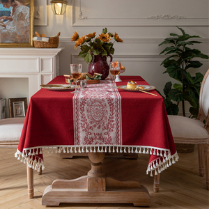 复古圆盘花朵新中式红色餐桌布结婚婚庆装饰流苏圆桌台布茶几布