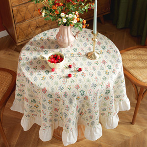 圆形桌布轻复古餐桌布竹节麻拼色荷花边台布阳台圆桌布家用装饰
