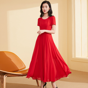 红色连衣裙女2022夏季新款仙气雪纺长裙气质显瘦沙滩裙海边度假裙