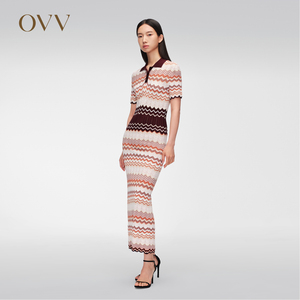 OVV2024春夏新款女装镂空撞色几何POLO领针织短袖连衣裙