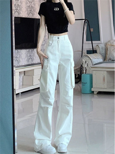 白色工装阔腿牛仔裤女早春宽松设计感175加长高个子垂感拖地长裤
