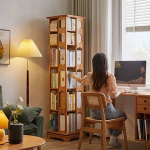 旋转书架360度书柜子书桌面收纳书橱家用实木儿童创意落地置物架