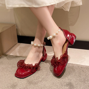 包头凉鞋女红色方跟婚鞋小高跟法式玛丽珍鞋伴娘鞋仙女鞋温柔单鞋