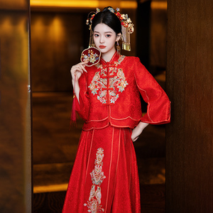 新中式秀禾服旗袍2024新款结婚订婚敬酒礼服新娘红色出阁服嫁衣女