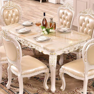 欧式大理石餐桌椅橡木雕花白色框架组装客厅一桌6椅长方形吃饭桌