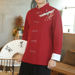 中式改良唐装长袖衬衫男中国风男装红色盘扣衬衣复古仙鹤刺绣外套