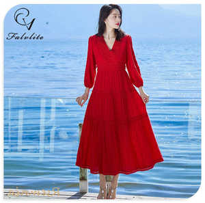 FALVLITE大红色连衣裙法式仙女裙子修身显瘦气质长裙三亚海边度假