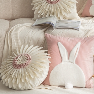 韩式兔子可爱毛绒绣花沙发客厅靠枕ins风抱枕套不含芯粉色榻榻米