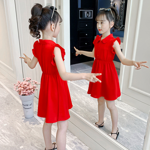 女童连衣裙夏装2024新款女孩洋气背心裙子儿童韩版红色雪纺裙礼服
