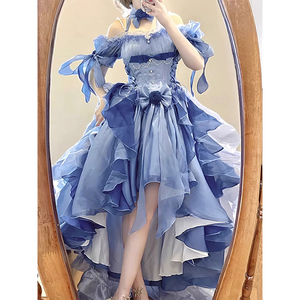 蓝色礼服lolita连衣裙女花嫁洋装洛丽塔重工蓬蓬拖尾在逃公主裙