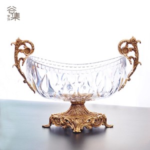 玻璃复古手工雕刻铜豪华椭圆水晶双耳欧式桌面摆件果斗水果盘美式