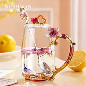 雕花珐琅彩水晶玻璃杯水杯女办公室花茶杯家用茶杯套装漂亮的杯子