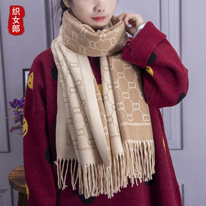 围巾女冬季韩版双C仿羊绒兔绒百搭加厚英伦米驼色2019年新款披肩