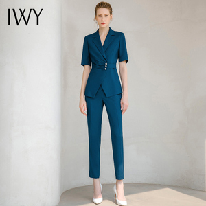iwy高端孔雀蓝色西服短袖女西装套装通勤高级通勤设计感ol工作服