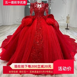 红色婚纱2024新款新娘主纱礼服超级重工公主大拖尾蓬蓬裙高级质感
