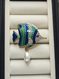 热带鱼 淡水珍珠流苏 合金水钻珐琅 8.5-9mm米形珍珠 胸针