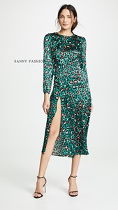2019新品美国品牌女装豹纹收腰长袖开叉显瘦性感气质连衣裙