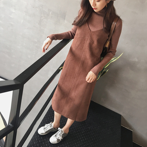 A-MIN吊带裙秋冬女中长款2017新款韩版麂皮…