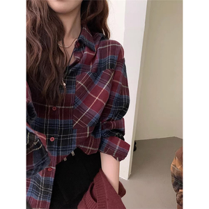 韩系复古格子衬衫外套女秋冬季设计感短款衬衣内搭小个子磨毛上衣