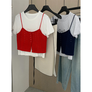 韩系白色蝴蝶结正肩短袖t恤女夏季小个子短款吊带背心两件套上衣