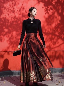 跨年红色战服冬季新中式国风复古盘扣毛衣马面裙连衣裙两件套装女
