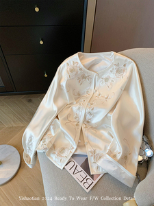 新中式重工刺绣醋酸缎面圆领短外套2024春季女国风高级感气质上衣