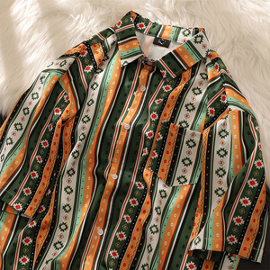波西米亚风vintage复古巴洛克lizwen衬衫短袖男夏夏威夷冰丝衬衣