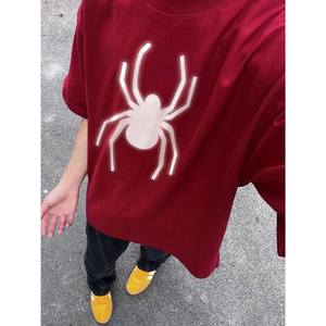 纯棉320g重磅枫叶红t恤男夏季蜘蛛印花酒红色短袖美式复古半截袖
