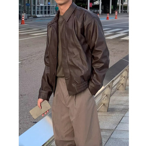 美式复古咖啡色皮衣外套男春秋美拉德穿搭高级感短款工装飞行夹克