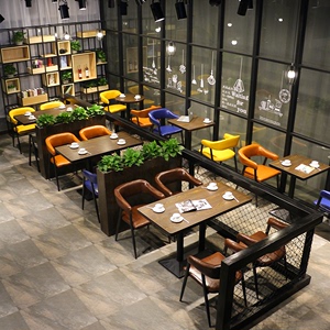 奶茶店桌椅组合 餐饮家具定制 工业风复古咖啡厅酒吧桌椅卡座沙发