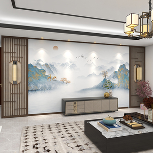 新中式水墨山水壁画电视背景墙壁纸客厅沙发影视墙布轻奢大气墙纸