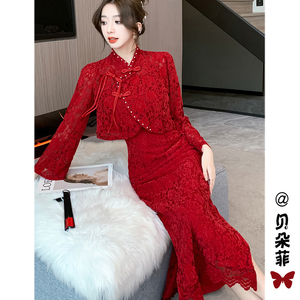 改良旗袍红色敬酒服女冬季小个子结婚订婚礼服裙新中式国风连衣裙