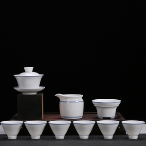 手绘子母双线德化白瓷茶具套装家用玄纹盖碗茶杯陶瓷功夫茶具整套