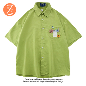 zaomz港风美式复古宽松短袖衬衫男女设计感小众衬衣情侣绿色上衣