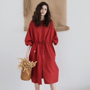 红色亚麻连衣裙夏季新款五分袖中长款圆领棉麻女装夏季袍子女