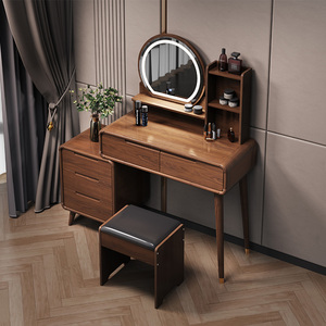 新中式实木色梳妆台收纳柜一体卧室新款现代简约可伸缩化妆台书桌