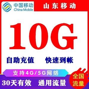 山东移动流量充值10GB手机上网冲流量4G5G全国通用流量包30天有效