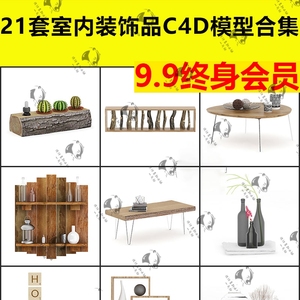 21套室内装饰花卉根雕相框艺术挂件花瓶木艺桌子C4D 3D素材模型
