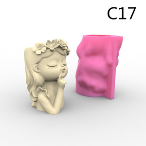 思考女孩3D创意笔筒花盆硅胶模具香薰蜡烛食品级巧克蛋糕装饰C17