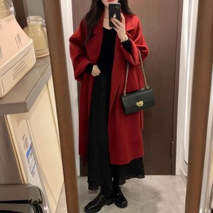 红色双面羊绒大衣女秋冬季2024新款高级感韩系系带中长款毛呢外套