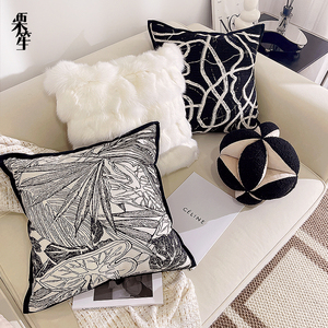 简约现代黑色系客厅沙发抱枕轻奢靠枕刺绣靠垫方形组合高级感枕套