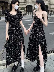 轻奢高级感法式黑色碎花连衣裙大码2024新款女夏季苹果型身材裙子