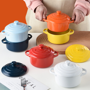 陶瓷双耳碗红色炖盅家用餐具汤碗儿童宝宝蒸碗专用小烤碗