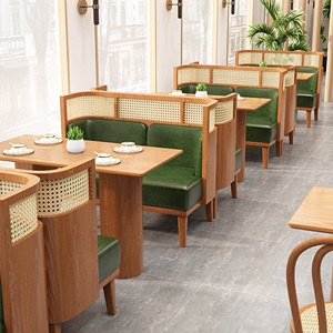 西餐厅编藤卡座沙发咖啡厅馆连锁店餐饮家具靠墙商用实木桌椅组合