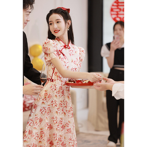 新中式旗袍订婚礼服平时可穿敬酒服2024新款新娘红色裙子回门衣服