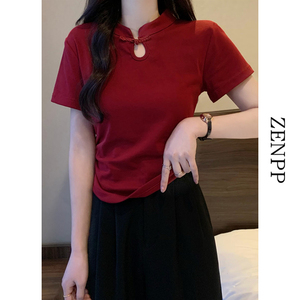 新中式轻国风红色盘扣正肩短袖t恤女夏季设计感小众短款甜辣上衣
