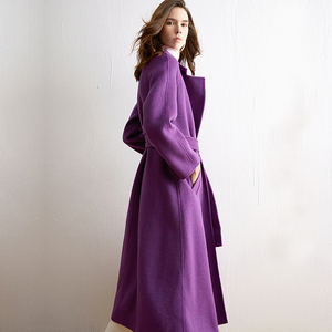FI冬新款紫罗兰混色阿尔巴卡驼绒双面绒羊毛呢子超长款羊绒大衣女