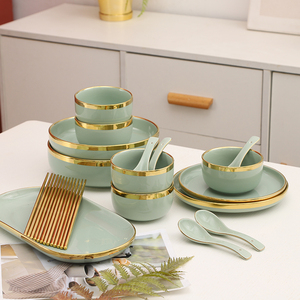 高颜值轻奢金边碗碟套装家用现代北欧风格陶瓷餐具创意碗碟盘组合