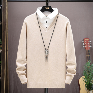 假两件毛衣男韩版衬衣领针织衫秋冬季男士加绒加厚打底衫保暖线衣