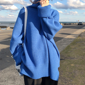 蓝色高领套头毛衣女宽松慵懒风韩版2024年秋冬新款针织打底衫加厚